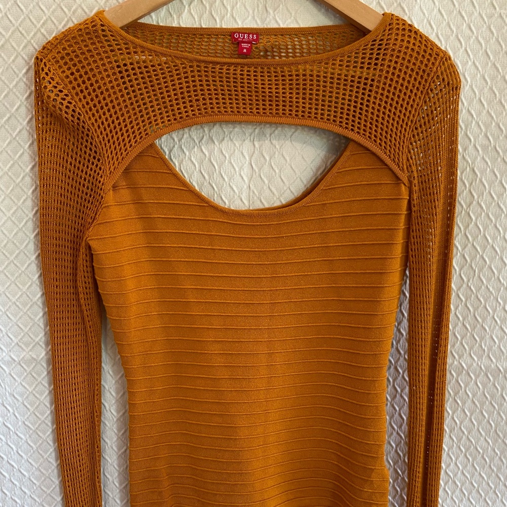 Guess Mustard Yellow Long Sleeve Cutout Ribbed Top